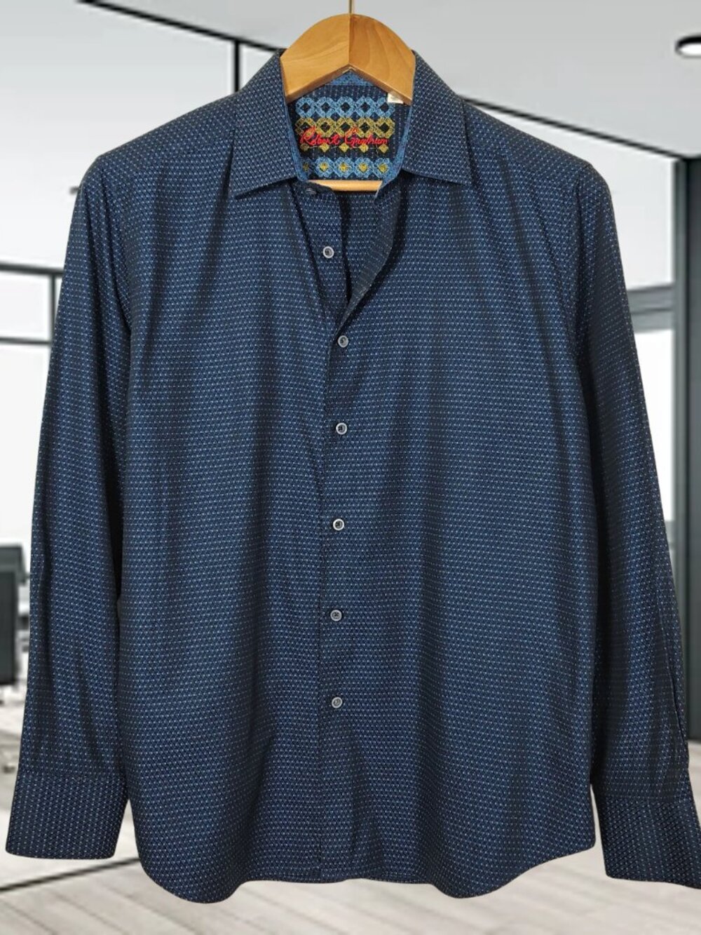 Robert Graham Mens Button Up Shirt Navy Blue Geometric Print Flip Cuffs Size XL - Picture 2 of 11